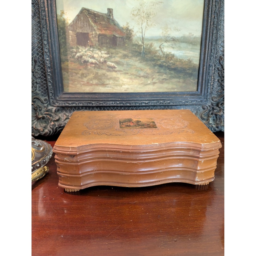 Vintage Wood Jewelry Box Hand Carved Cottage Landscape 11x7x4 AS IS